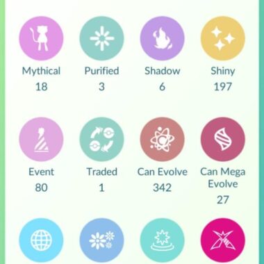 Pokemon Go account tag counts showing 197 shinies 53 legendaries and 22 hundos for sale