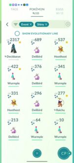 Rare costume event shiny pokemon featuring shiny costume Wurmple Delibird and Hoothoot