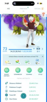 Trainer profile dashboard for account 551a showing level 73 status, total XP, and distance walked metrics.