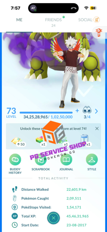 Trainer profile dashboard for account 551a showing level 73 status, total XP, and distance walked metrics.