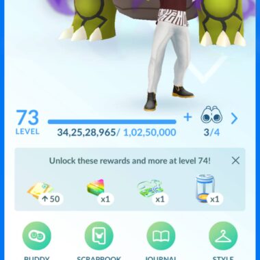 Trainer profile dashboard for account 551a showing level 73 status, total XP, and distance walked metrics.