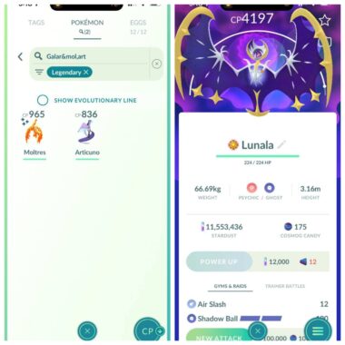 Level 71 account featuring high CP Lunala and rare Galarian Legendaries