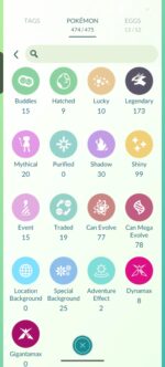 Pokémon GO level 50 account inventory summary showing 173 Legendary, 99 Shiny, and 20 Mythical Pokémon.