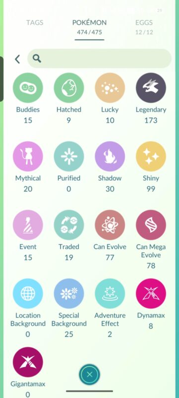 Pokémon GO level 50 account inventory summary showing 173 Legendary, 99 Shiny, and 20 Mythical Pokémon.