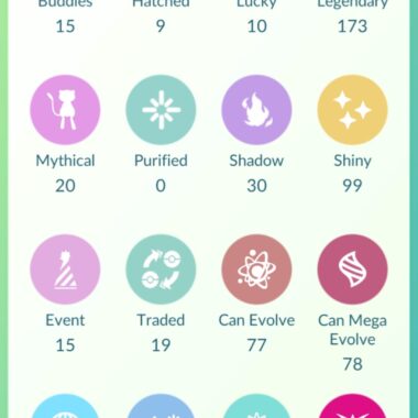 Pokémon GO level 50 account inventory summary showing 173 Legendary, 99 Shiny, and 20 Mythical Pokémon.