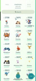 Top CP combat team roster featuring Keldeo, Shiny Slaking, 98% Garchomp, and Shadow Metagross on a level 50 account.