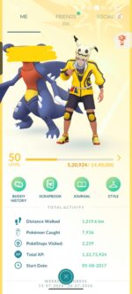 Level 50 trainer profile screen with Garchomp buddy showing 13M+ total XP and an August 2017 start date.
