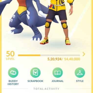 Level 50 trainer profile screen with Garchomp buddy showing 13M+ total XP and an August 2017 start date.