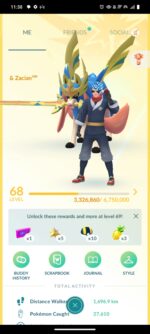 Main level 68 character profile dashboard showing total distance walked and active buddy companion.