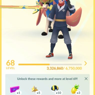 Main level 68 character profile dashboard showing total distance walked and active buddy companion.