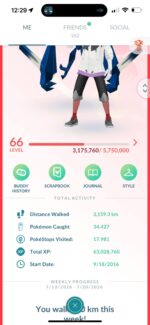 High level Pokemon Go veteran account profile interface showing 63 million total XP, 34k catches, and over 1 million stardust on pgserviceshop.com.