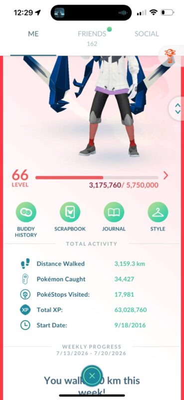 High level Pokemon Go veteran account profile interface showing 63 million total XP, 34k catches, and over 1 million stardust on pgserviceshop.com.