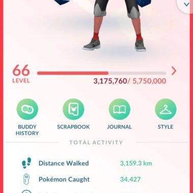 High level Pokemon Go veteran account profile interface showing 63 million total XP, 34k catches, and over 1 million stardust on pgserviceshop.com.