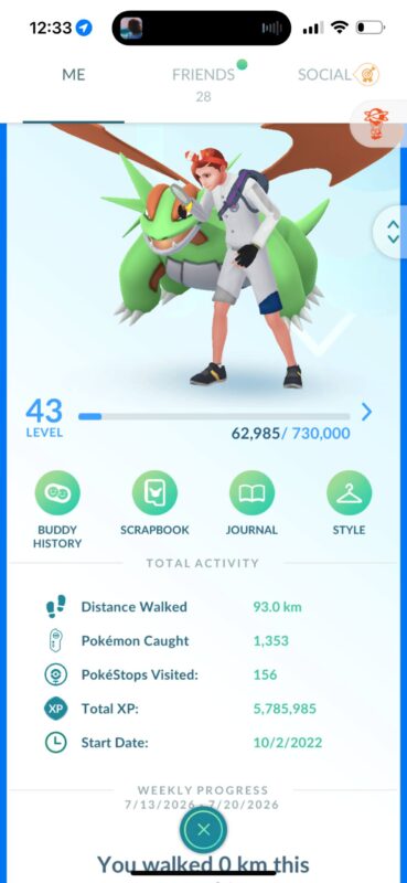 Level 43 Trainer profile dashboard for Pokémon GO account ID 562a with Shundo Salamence buddy.