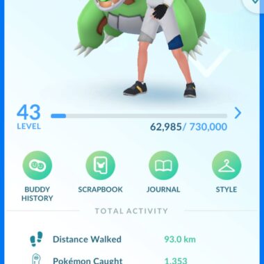 Level 43 Trainer profile dashboard for Pokémon GO account ID 562a with Shundo Salamence buddy.