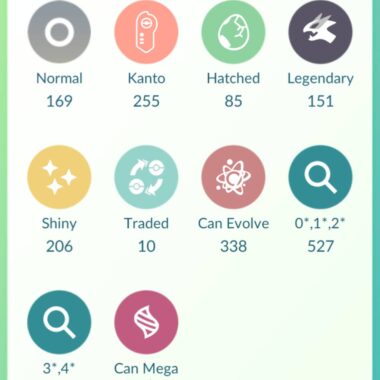 Pokemon GO account collection inventory stats showing 206 shinies and 151 legendaries