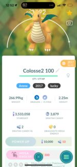 Vintage 2017 lucky Dragonite with maxed stats on high level Pokémon GO account.