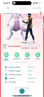 Level 57 Pokemon GO Account Profile Statistics page showing 27M XP and Armored Mewtwo buddy on pgserviceshop.com.