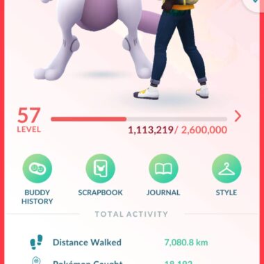 Level 57 Pokemon GO Account Profile Statistics page showing 27M XP and Armored Mewtwo buddy on pgserviceshop.com.