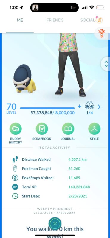 Level 50 Pokémon GO profile stats displaying over 143 million total XP, 61k caught Pokémon, and 4,507 km walked.