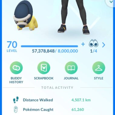 Level 50 Pokémon GO profile stats displaying over 143 million total XP, 61k caught Pokémon, and 4,507 km walked.