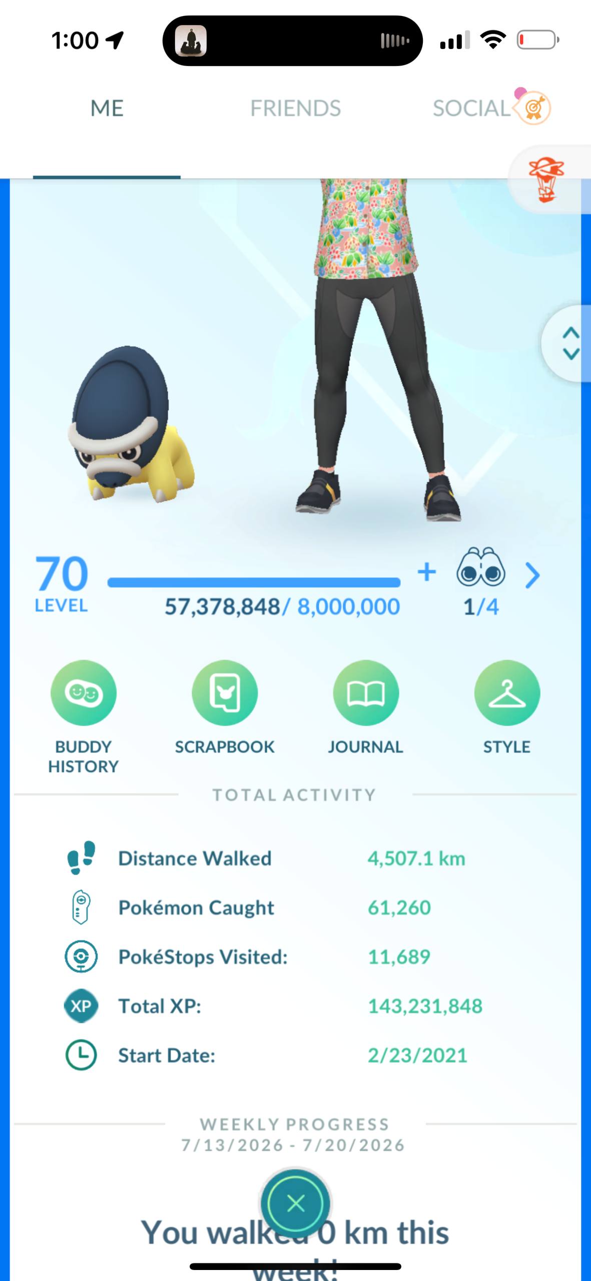 566a-profile-1 Level 50 Pokémon GO profile stats displaying over 143 million total XP, 61k caught Pokémon, and 4,507 km walked.