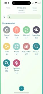 Pokémon GO Pokedex summary displaying 165 Legendaries and 31 Shinies