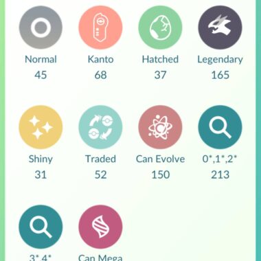 Pokémon GO Pokedex summary displaying 165 Legendaries and 31 Shinies