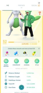 Trainer profile showing Level 52 status, total XP, and stats for Pokemon GO account ID 569a.
