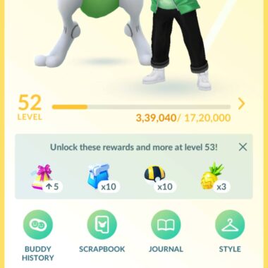 Trainer profile showing Level 52 status, total XP, and stats for Pokemon GO account ID 569a.
