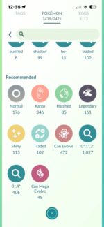 Pokedex summary showing total shiny, legendary, and shadow counts for account ID 569a.