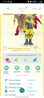 Level 70 trainer profile screen showing 108M Total XP and 2019 start date on pgserviceshop.com
