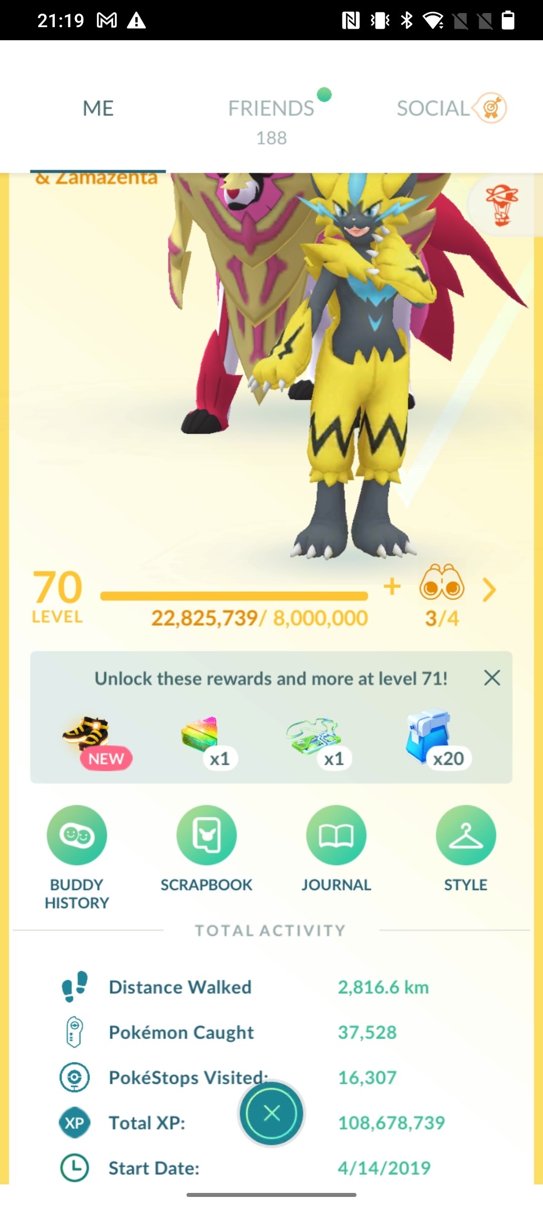 570a-profile-1 Level 70 trainer profile screen showing 108M Total XP and 2019 start date on pgserviceshop.com