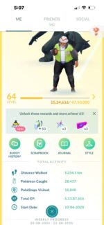 Level 64 Pokémon Go account profile statistics and avatar display for ID 571a on PGServiceShop