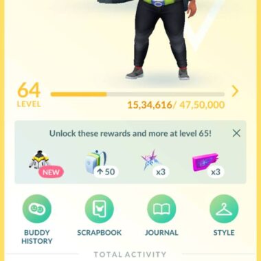 Level 64 Pokémon Go account profile statistics and avatar display for ID 571a on PGServiceShop