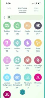Comprehensive Pokémon storage catalog showing shiny legendary and mythical counts for account 571a