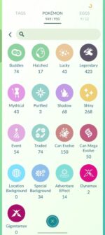 Storage overview showing 423 Legendary, 268 Shiny, and 43 Mythical Pokémon categories for account 572a.