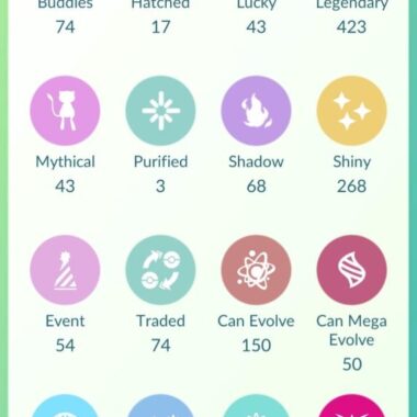 Storage overview showing 423 Legendary, 268 Shiny, and 43 Mythical Pokémon categories for account 572a.