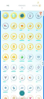 In-game achievement badges and gold challenge medals screen for Level 70 Pokémon GO account 572a.