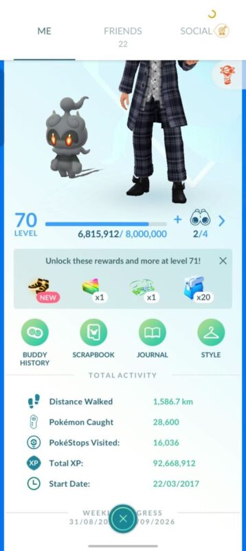 Level 70 Pokémon GO trainer profile page showing 92.6 million total XP and Marshadow buddy for account ID 572a.