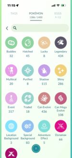 Pokémon GO inventory categories showing 434 Legendaries, 286 Shinies, and 83 special backgrounds on pgserviceshop.com
