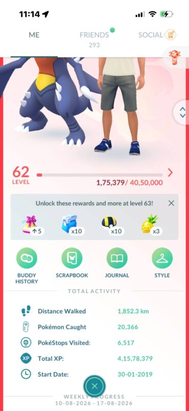 Pokémon GO Level 62 trainer profile screen displaying 41.5 million XP and 2019 start date at pgserviceshop.com
