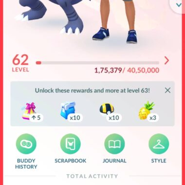 Pokémon GO Level 62 trainer profile screen displaying 41.5 million XP and 2019 start date at pgserviceshop.com